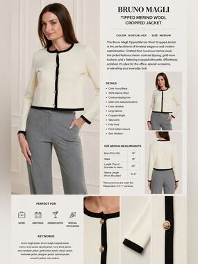 Bruno Magli Tipped Merino Wool Cropped Jacket Ivory Black Size Medium S4